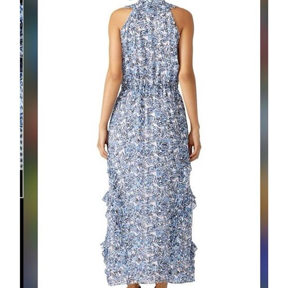 Saloni Lizzie Silk Maxi Dress Blue Ruffle Floral Sleeveless V Neck Tie Waist XS - Picture 4 of 14